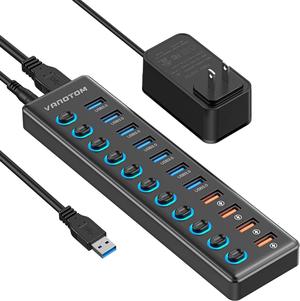 Powered USB Hub 3.0, VANOTOM 11-Port USB Hub Splitter (7 USB 3.0 Data Ports + 4 Smart Charging Port) with 12V/3A Power Adapter and LED Individual On/Off Switches for Laptop and PC