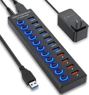 Powered USB 3.0 Hub 11-Port, Data 7 Ports + Charging 4 USB Ports Extender Cord 3FT Multiport USB Splitter Hubs with Power Adapter 36W Multi USB Hub 3.0 LED Switches for Laptop PC Mac Hard Driver