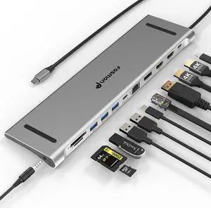 Fosmon USB C Hub (11-in-1) Desktop USB Hub with 2x HDMI (4k@60Hz), DisplayPort (4K@60Hz), x2 USB-C (USB 3.0) x2 USB 3.0, USB 2.0, TF 2.0, RJ45 Ethernet Port compatible with MacBook, Lenovo, HP Laptops