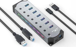 3.0 USB Hub, Beauif 7-Port USB 3.0 RGB Hub with 14 Color RGB LED Strip, Three Dynamic Modes, Independent Button Switches, Aluminum Gaming USB Hub for PC and Laptops.