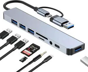 USB C Hub 8 in 2 USB Multiport Adapter with USB 3.0 3 x USB 2.0 USB C SD/TF Card Reader 3.5mm Audio Port USB Adapterfor MacBook Air/Pro Laptop Computer iMac iPad