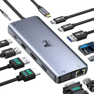 USB C Docking Station Dual Monitor for /HP/Surface Laptop 12 in 1 Hub Triple Display Adapter Multiport Dongle with HDMI+Displayport+VGA+4 USB C/A+100W PD+Ethernet+SD/TF+Audio