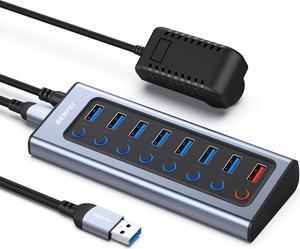 BENFEI 8-Port USB Hub with Power Adapter, USB Splitter Hub(7 Faster Data Transfer Ports + 1 Smart Charging Port) with Individual LED On/Off Switches