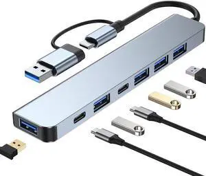 USB C Hub, Aluminium 7 in 1 USB Extender, USB Splitter with 1 x USB 3.0, 4 x USB 2.0 and 2 x USB C Ports for MacBook Pro Air and Other PC/Laptop/Tablet Devices