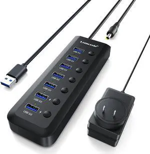 Lemorele 7-in-1 USB 3.0 Powered Hub w/2 Charging Ports (5V 1.5A), Individual LED On/Off Switches, 5Gbps Data Transfer, Anti-Slip & Thermal Design, Slim & Portable, No Driver Needed - 3.28ft Cables