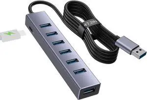 USB 3.0 Hub, 8 Ports USB Hub, with 7 USB 3.0 Port, 5V Extra Power Port, Aluminum Shell USB A HUB, USB Expander for Laptop, Flash Drive, HDD, Printer, Camera,Keyborad, Mouse