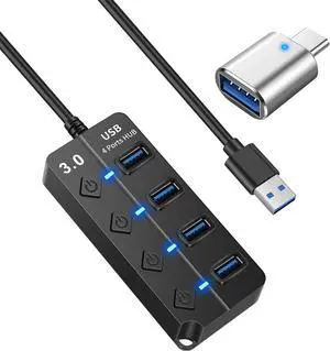 USB Hub 3.0, USB Splitter1 in 4 Out, USB Extender USB Adapter Multiple Port USB Station Dock Hub with Individual Switches, USB Expander Hub for Laptop/MacBook/Flash Drives/Mobile HDD/Printer