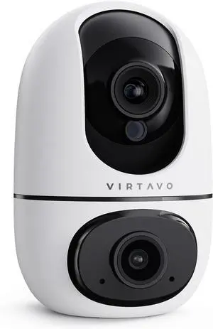 virtavo XD1 Indoor Security WiFi Camera, No Subscription Required, Dual-Lens 360° PTZ Baby Monitor & Pet Cam, Motion Tracking, 2-Way Audio, Night Vision, Cloud/SD Storage, Phone App, Plug-in Power