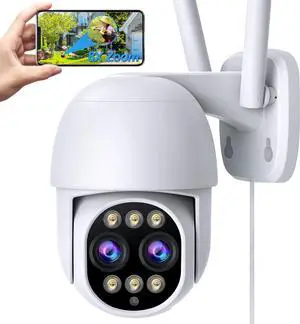 Wireless Security Camera Outdoor, 8X Hybrid Zoom & Dual Lens & PTZ, 2MP 1080P WiFi, Color Night Vision, Spotlight, Auto Tracking, Motion Detection, Light Alarm, for Home Surveillance Camera Indoor