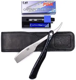 Kai Kasho Captain Japanese Professional Folding Straight Edge Barbering Razor with Leather Case - 20 Kai Captain Titan Blades Included - Also Compatible with Feather Artist Club Blades Kai Kasho Captain Japanese Professional Folding Straight Edge Barbering Razor with Leather Case - 20 Kai Captain Titan Blades Included - Also Compatible with Feather Artist Club Blades