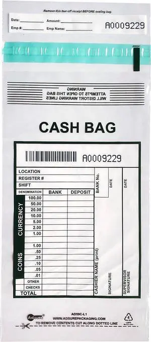 Clear Plastic Small Bank Deposit Bags For Cash | Pack of 1000 | 5"x9"|Tamper Evident Bags | Write-On Panel and Tear-Off Receipt | Ideal for Cash Handling