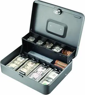 Industries STEELMASTER Tiered Tray Cash Box | 11.81 W x 3.18 H x 9.43 D | 10 Compartments | Tiered Tray Design | Recessed Handle | Secure Cam Lock | Steel Construction