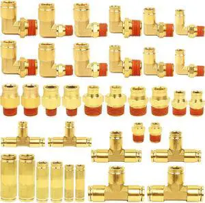36 PCS Brass DOT Air Brake Line Fitting Assortment Kit 1/4" 3/8" 1/2" Push to Connect Fittings Air Brake Fittings Repair Kit for Trucks,DOT Air Line Fittings Air Brake Union Assortment Kit with Case