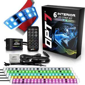 Aura Double Row Car LED Lights Interior with Wireless Remote Control, Multicolor Mode, Sound Active Function Inside Ambient Lighting Kit, Footwell Floor Decor, Charger Adapter 12V, 6pc