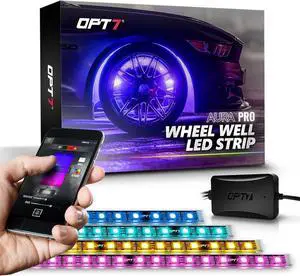 OPT7 Aura Pro Wheel Well Lights Kit with APP & Remote Control, 4pc 24" Waterproof LED Strips, Music Sync, RGB Multi-Color Modes Neon Tire Rim Lights for Car Truck SUV Van