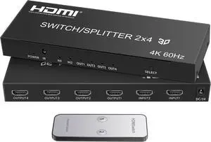 4K@60Hz HDMI Switch Splitter 2 in 4 Out with Remote,  2x4 HDMI Splitter Switcher 4K with SPDIF & 3.5mm Audio,Support 4K,3D,1080p,HDCP2.2,HDR 10 for PS5/4,Xbox,Fire Stick,etc