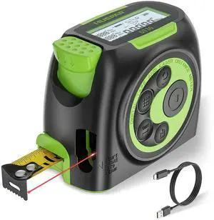 2-in-1 Laser Tape Measure, 197Ft Rechargeable Measurement Tool & 16Ft. Measure with Backlit LCD Movable Hook -Pythagorean, Area, Volume, M/in/Ft Unit Switch Digital Distance Meter -