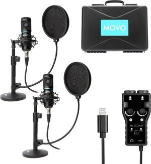 iPhone Podcast Equipment Bundle - 2 Pack Condenser Microphones, 2 Desktop Mic Stands, 2 Pop Filters, 2-Channel XLR Interface with Lightning Output - Compatible with iPhone, iPad, iOS (Lightning)