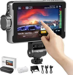 DC-550 Pro Touch Screen DSLR Camera Field Monitor 4K HDMI, 5.5 Inch 1200 Nits Video Camera Monitor with Battery/Sunshade Hood, 3DLUT, Focus Peaking, Waveform, False Colors