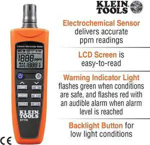 ET110 CO Meter, Carbon Monoxide Tester and Detector with Exposure Limit Alarm, 4 x AAA Batteries and Carry Pouch Included