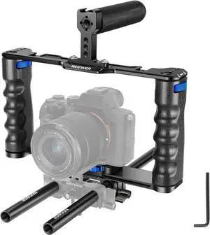 Aluminum Alloy Camera Cage, Filmmaking Rig with Top Handle, Dual Grips & Arca Type Base, Compatible with  A7S III A7IV A6600  EOS R5C R5 R6 DSLR/Mirrorless Cameras - VS107, Blue