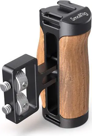 Wooden Mini Handle Side Handgrip with 1/4"-20 Screws for Mirrorless Digital Camera DSLR Camera Small Camera Cage with Cold Shoe Mount Built-in Wrench, Up and Down Adjustable - 2913