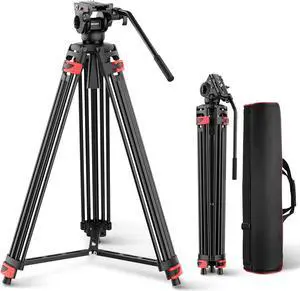 Basic 74" Video Tripod with Fluid Head , Metal Camera Tripod with Smooth Friction Damping, Mid Level Spreader, Quick Release Plate Compatible with Manfrotto 501, Max Load 17.6lb, TP37