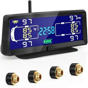 Tire Pressure Monitoring System, 7.84 Wireless Solar Rv TPMS with 4 Sensors for Travel Trailer Truck Fifth Wheel Motorhome, Real-time Monitoring Pressure and Temperature(0~198 PSI)