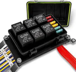 12V Auto Waterproof Fuse 5-Pin Relay Box Block Kit w/ 12AWG + 16AWG Pre-Wired Harness [Bosch Style Relays & Fuses] Universal Relay Panel for DC Automotive Vehicles Cars Marine Boat Jeep UTV