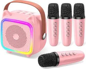 Mini Karaoke Machine for Kids: SXH Portable Karaoke Machine with 4 Bluetooth Wireless Microphones and Light Include 64GB-TFcard Toys Gifts for 3-14 Years Old Girls Boys (Pink 4 Mics)
