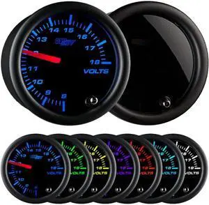 Tinted 7 Color Volt Voltmeter Gauge - Voltage Range 8-18 Volts - Black Dial - Smoked Lens - 2-1/16" 52mm