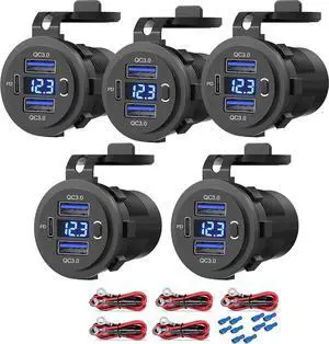[5 Pack] 12v USB Outlet, Dual USB Quick Charge 3.0 Port and PD USB C Car Charger Socket Waterproof with Voltmeter and Power Switch for Car Golf Cart Boat Marine Bus Truck RV Marine Motorcycle