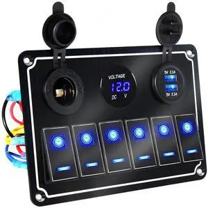 Waterproof Toggle Switch Panel 6 Gang 12V/24V Aluminum Rocker Switch Panel with Dual USB Charger Socket Voltmeter, Pre-Wired Multi-Function Switch Panel for Automotive RV Truck Vehicles