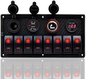 12V 24V Red LED ON/Off Marine Multi Function Switch Panel Waterproof 8 Gang Rocker Switch Panel for Boat Car Truck Rv Toggle Switches Panel with Circuit Breaker Dual USB Charger Voltmeter