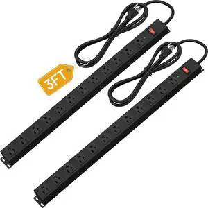 12 Outlet Long Power Strip Surge Protector with 2100 Joules,3FT Power Cord, Wide Spaced Outlet Power Bar, Overload Protection Switch, Industrial Heavy Duty for Work Bench, Shop, Garage (Black),2 Pack