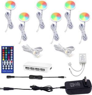 Color Changing Christmas Xmas Decor Under Cabinet LED Lighting Kit IR Control Multi Color Puck Lights for Kitchen Shelf Counter Lighting 6 Lights, 18W RGBWW RGB+Warmwhite