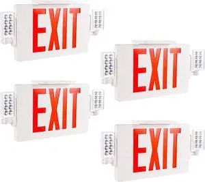 LED Combo Exit Sign, Emergency Light with 2 Adjustable Heads and Double Face, Back Up Batteries- US Standard Red Letter EXIT, UL 924 Qualified, 120-277 Voltage, 4-Pack