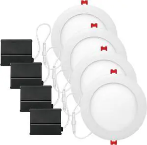 Electric 91126 6" Ultra Slim LED Integrated Recessed Lighting Kit 4-Pack, 12 Watts, Energy Star, IC Rated, Dimmable, Wet Rated, White, 6.31" Hole Size, Bathroom Lights, 800 Lumen