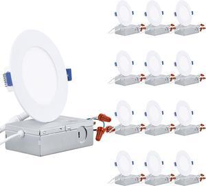 Basic Series 12-Pack 4 Inch Ultra-Thin LED Recessed Lighting with Junction Box, CRI90, Aluminum, 4000K Cool White, 5%-100% Dimmable Slim Recessed Downlight, 9W 800LM, ETL and Energy Star