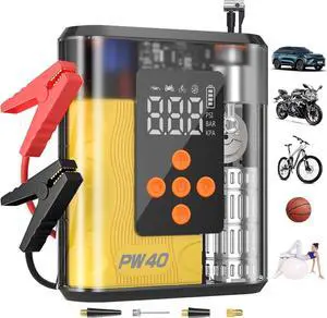PW40 Jump Starter, Tire Inflator Portable Air Compressor, 4000A Peak 200PSI & 4X Faster, 32000mAh 12V Car Battery Jump Starter (9L Gas/8L Diesel), Portable Tire Inflator for Car(Yellow)