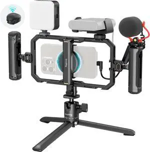 All-in-One Universal Quick Release Phone Video Rig Kit Pro, Phone Stabilizer Rig Kit with LED Light Microphone QR Tripod Dual Handles Power Bank Holder, for Creator & Live Streaming - 4704