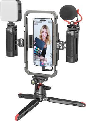 Universal Phone Video Rig Kit for iPhone, Smartphone and Cameras, Phone Stabilizer Rig w/Tripod Microphone LED Light Side Handle Power Bank Holderm, for Vlogging & Live Streaming