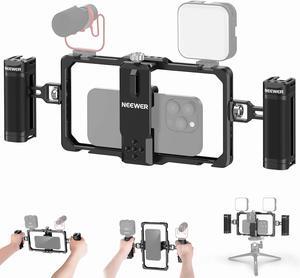 Upgraded Phone Rig Vlogging Kit, Video Stabilizer with Dual Handle, Wireless Mic Clip Slot for Tiktok/YouTube, Compatible with SmallRig iPhone 16 15 14 Pro Max Plus 13 Galaxy S23, PA009