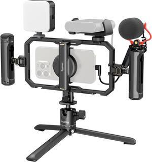All-in-One Phone Cage Video Rig Kit for iPhone, Phone Stabilizer Rig Kit w LED Light Microphone Dual Handles QR Tripod Power Bank Holder, for YouTube Video Recording