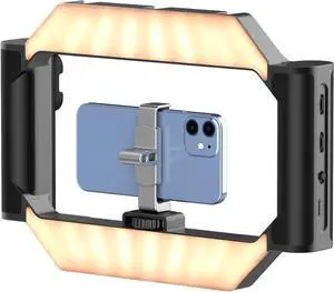 Smartphone Video Rig w Light and Remote Control for Videomaker Filming Maker Video grapher, U-Rig Light Handheld Square Ring Light Phone Video Making Stabilizer Grip Cage w Cold Shoe Mount