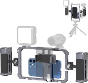 Universal Phone Video Rig Kit with Handles, Aluminum Handheld Stabilizer Phone Video Filmmaking Grip for Video Maker Videographer with Cold Shoe for iPhone 16 15 14 13 Mini Pro Max 8 Plus