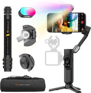 Gimbal Stabilizer for iPhone & Android w/RGB Light, Handheld Phone Gimbal for Video Recording w/AI Tracking,1/4 Thread, Extendable Tripod, Padded Carry Bag(Smart X Complete Combo1)