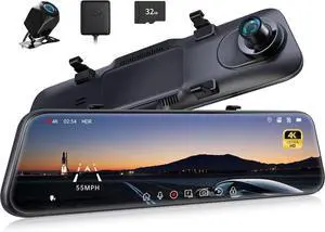P12 Pro 4K Mirror Dash Cam, 12'' Rear View Mirror Camera Smart Driving Assistant w/ADAS and BSD,2160P Front and Rear Camera,Voice Control,Night Vision,Parking Monitoring,32GB Memory Card