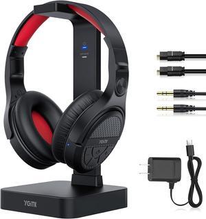 Wireless Headphones for TV Watching with 2.4G RF Transmitter Charging Dock, Support Digital Optical 3.5mm Input, Optical Output, 100 Ft Range,20 Hour Rechargeable Battery Black with Red