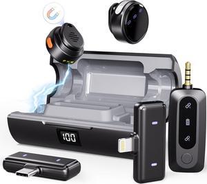 Wireless Lavalier Microphone for iPhone/Android/Camera/Laptop/PC, Mini Clip/Magnetic Microphones for Lightning/USB-C/3.5mm, Active Noise Cancellation Lapel Lav Mic, 48H for Video Recording